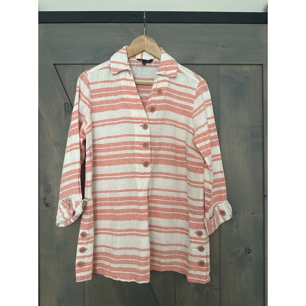 John Mark Linen Button Up Striped Tunic Shirt Roll Tab Sleeves Artsy Lagenlook S